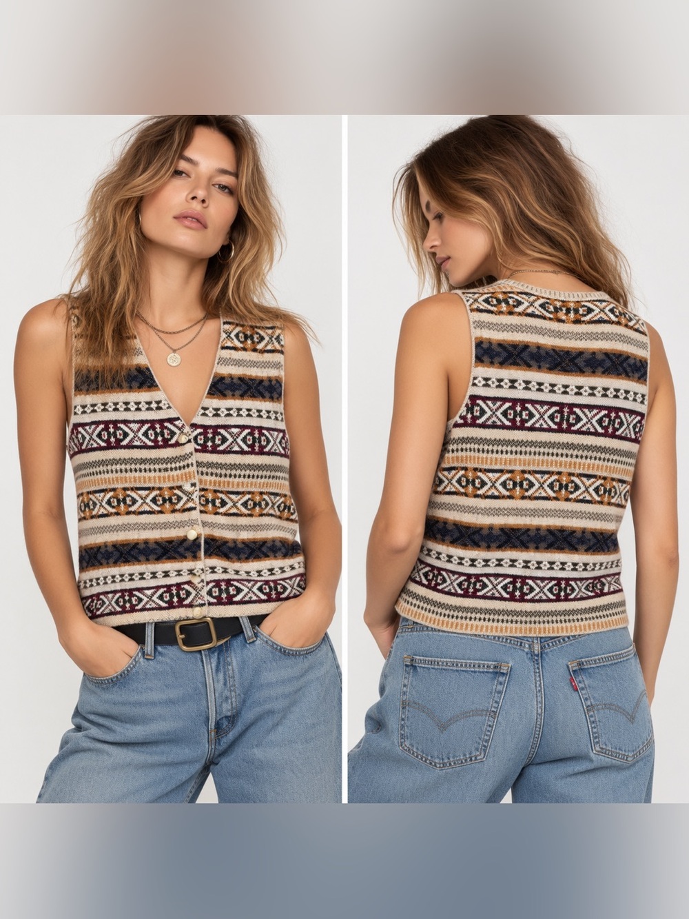 VTG Casual Corner Fair Isle Sweater Vest S Button Front V-Neck Silk Cotton 90s